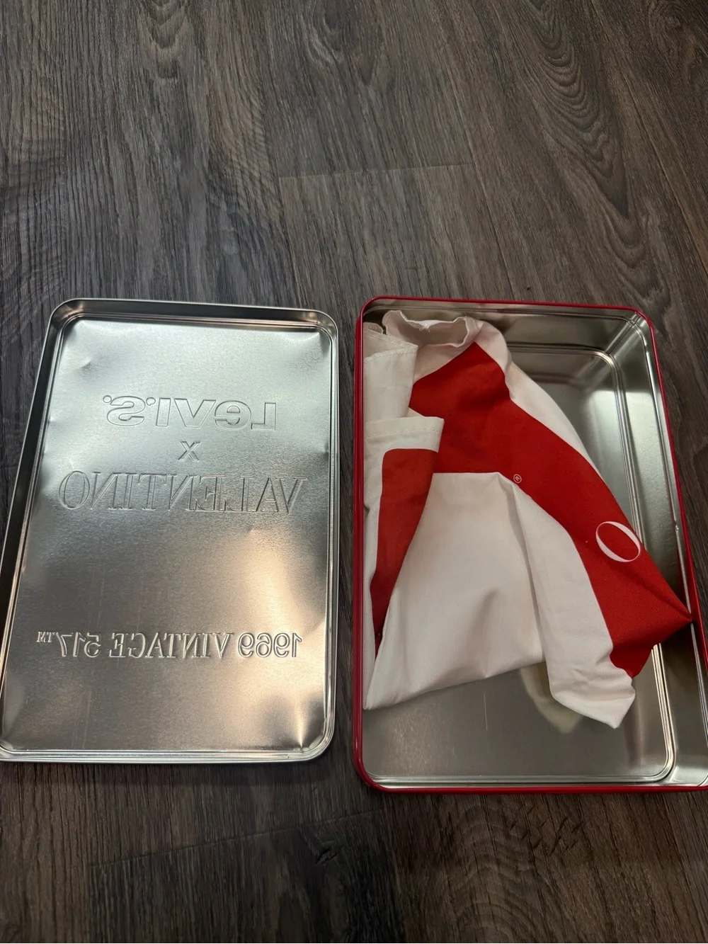 Valentino Red Metal Storage Tin with White Stripe